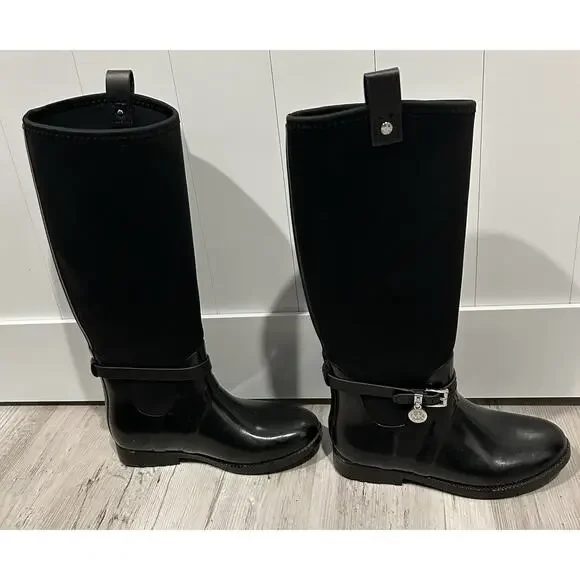 Michael Kors Rain Boots Size 6 Black Rubber & Neoprene. MK Silver Charm Logo. - Picture 4 of 8